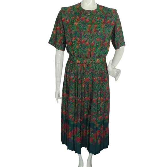 LESLIE FAY Dress, 10, Green Floral, Belt, Short Sleeves, Career, Poly, VINTAGE - Picture 2 of 16